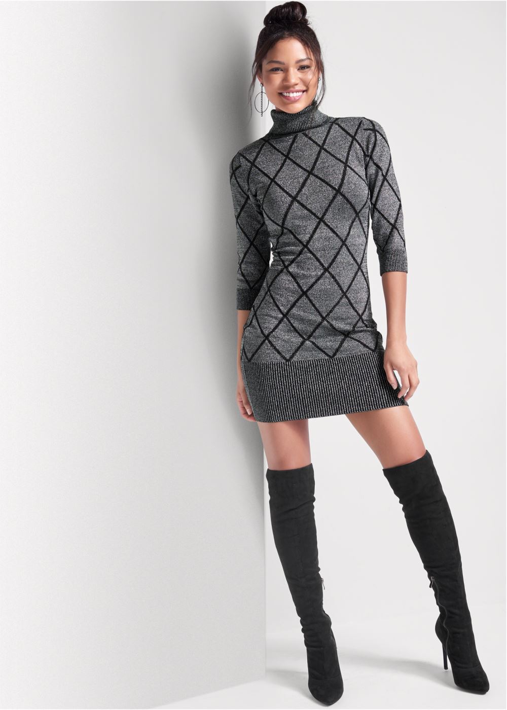 Venus Turtleneck Sweater Dress - Grey & Black