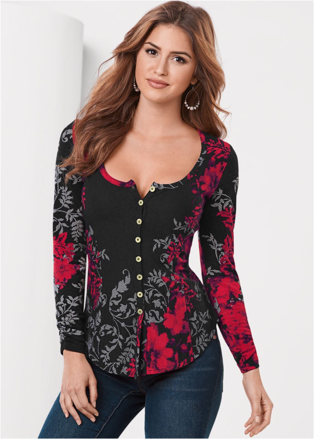 Venus Floral Print Button Down in Red Multi