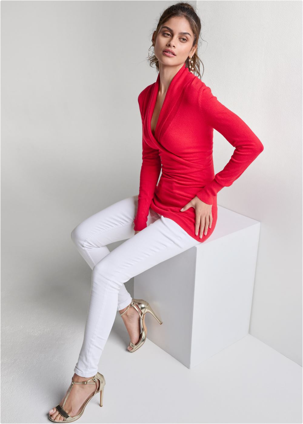 Venus VENUS | Faux Cashmere Tunic Sweater in Red
