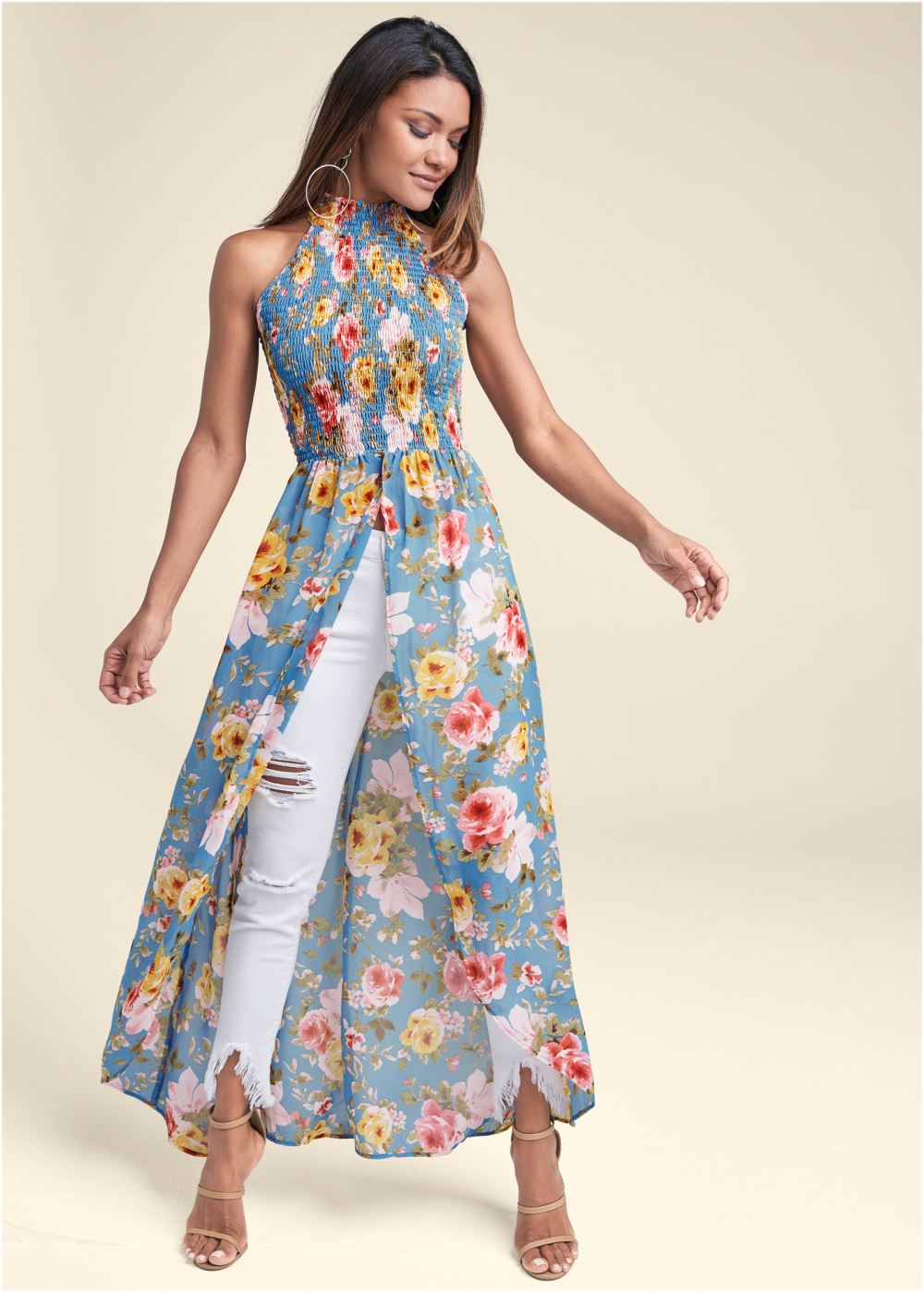 Venus Smocked Maxi Top in Blue Multi