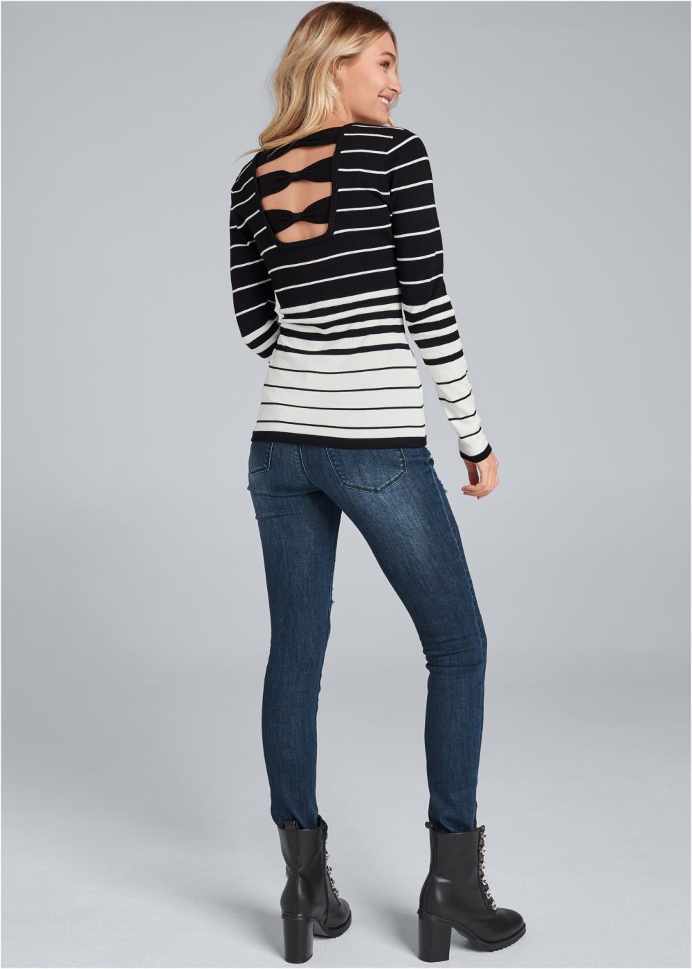 Venus VENUS | Back Detail Striped Sweater in Black & White