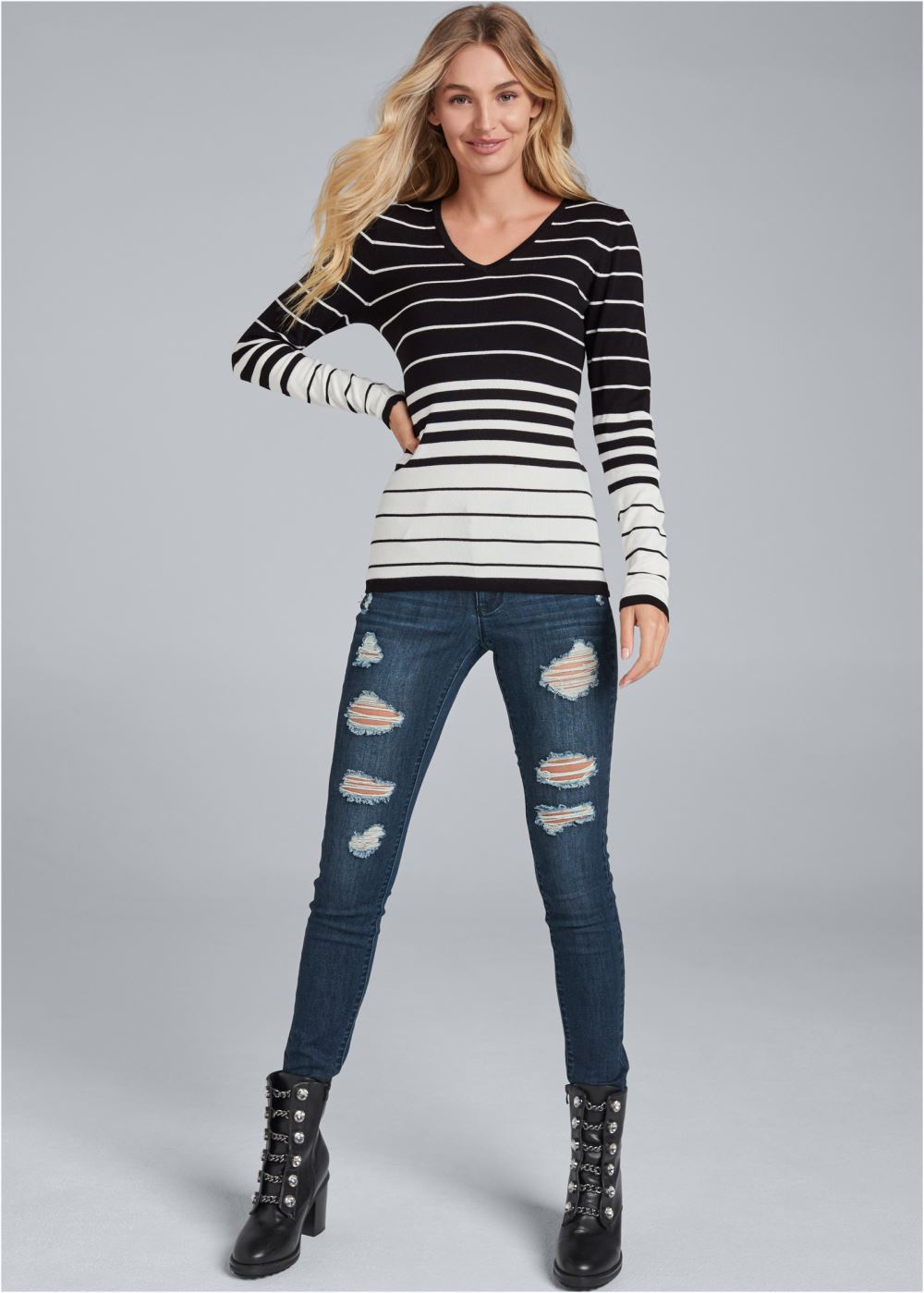 Venus VENUS | Back Detail Striped Sweater in Black & White
