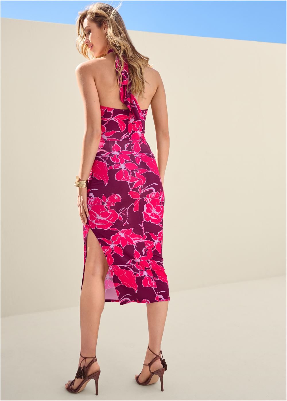 Venus Twist Neck Midi Dress - Pink Multi