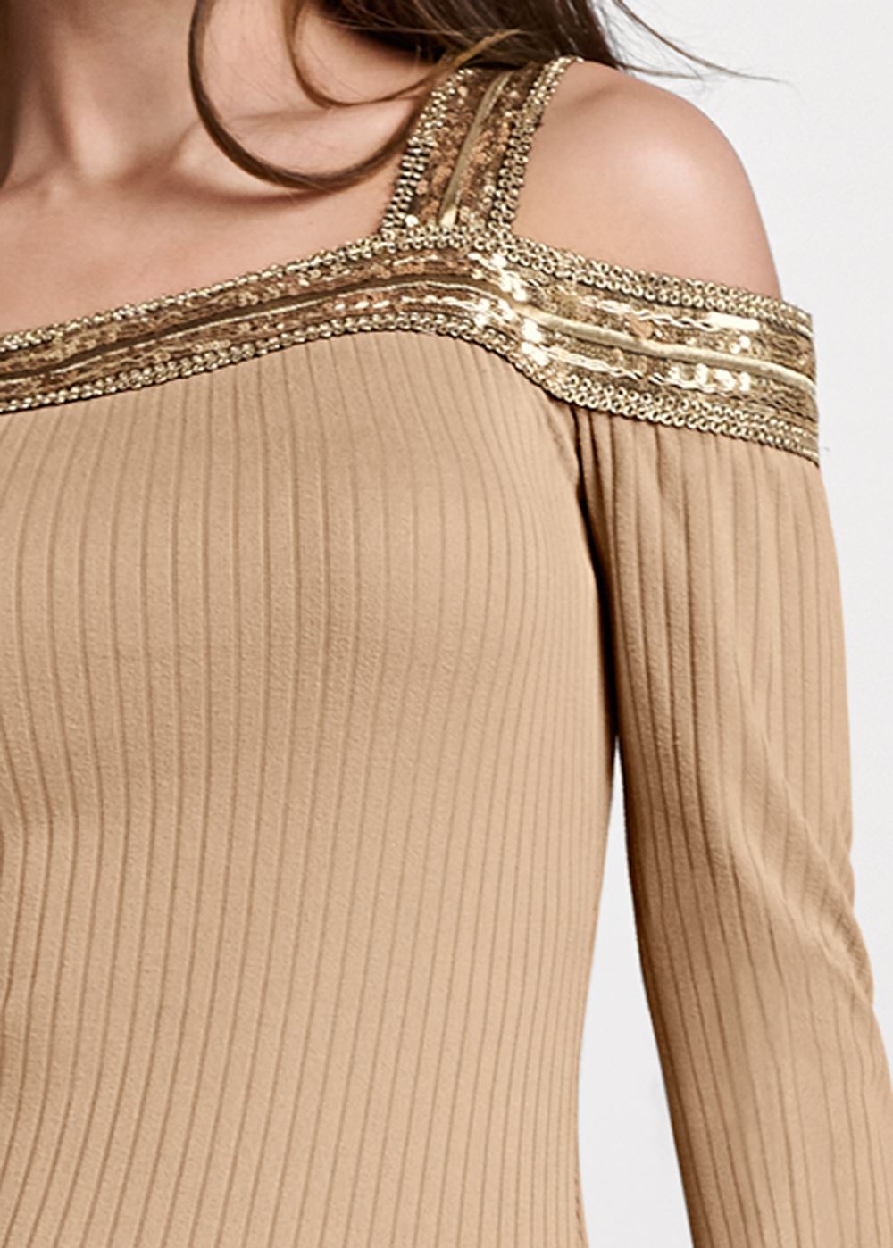 Venus Sequin Cold Shoulder Top in Light Brown