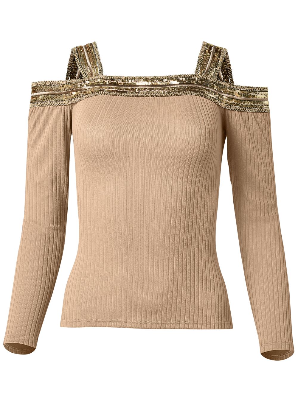 Venus Sequin Cold Shoulder Top in Light Brown