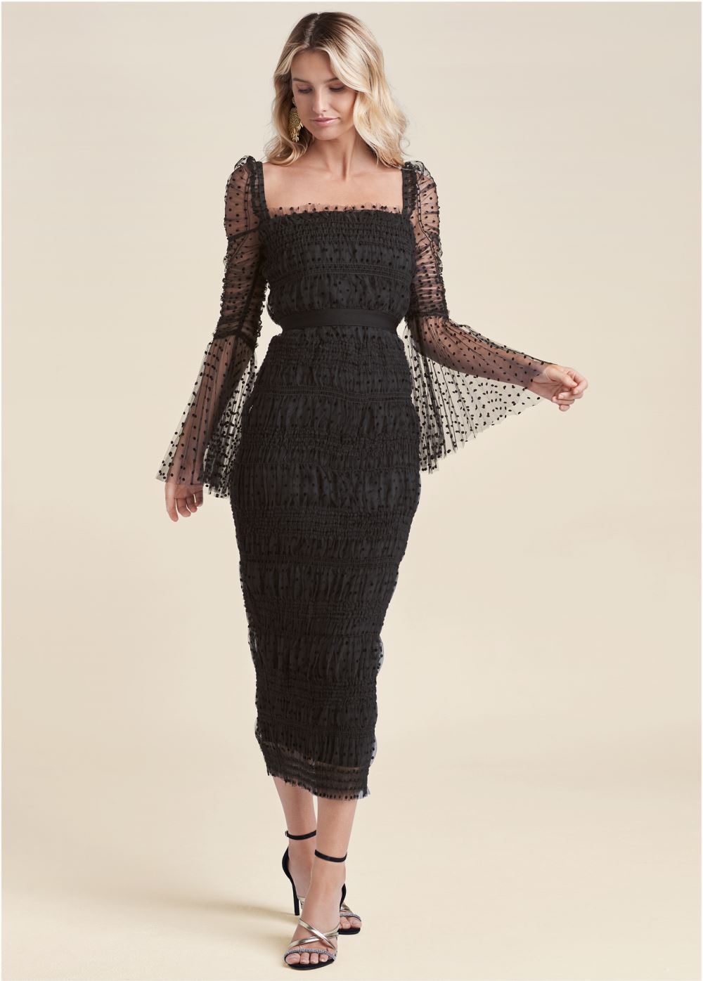 Venus Dotted Mesh Bodycon Dress - Black