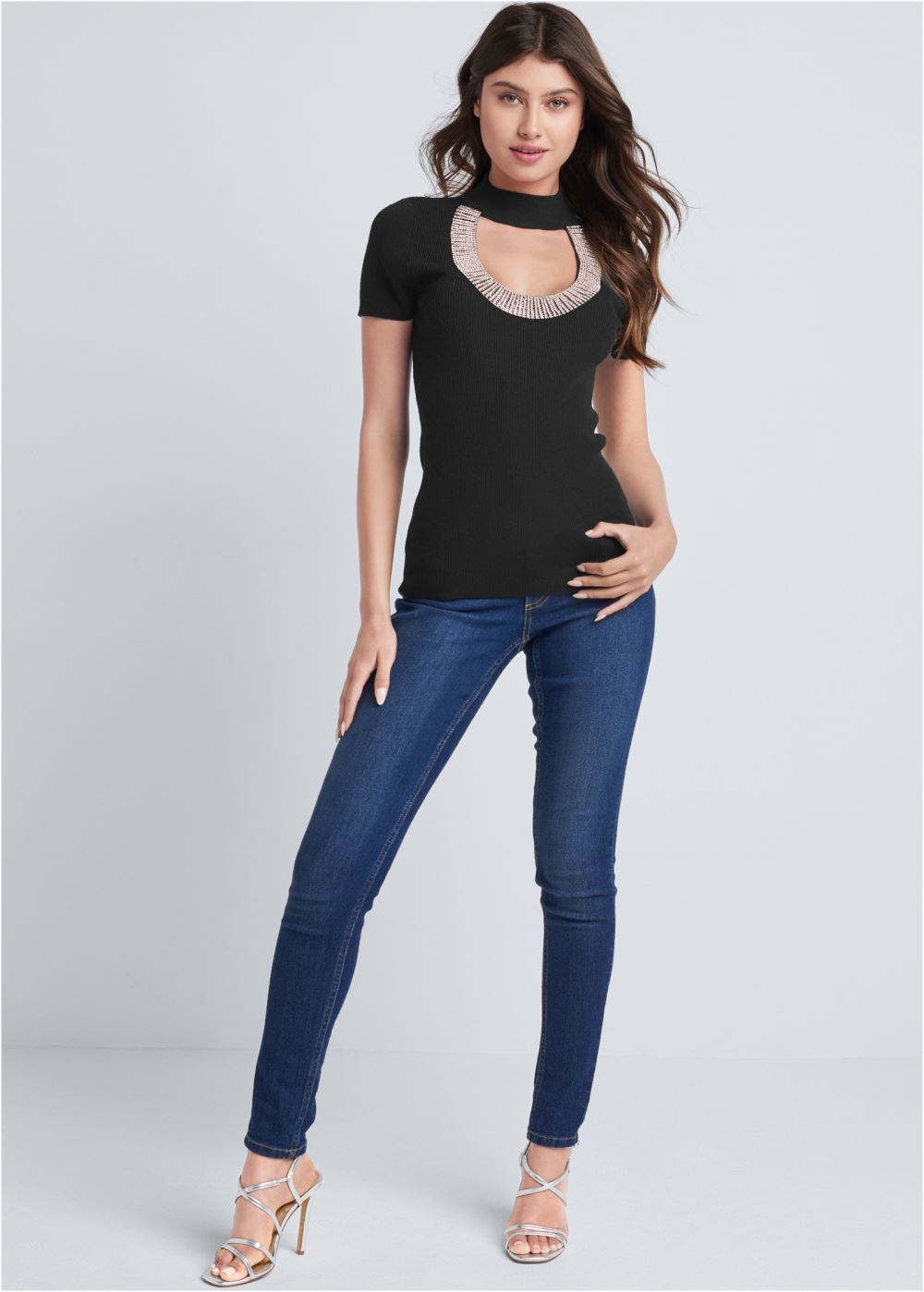 Venus VENUS | Rhinestone Trim Sweater in Black
