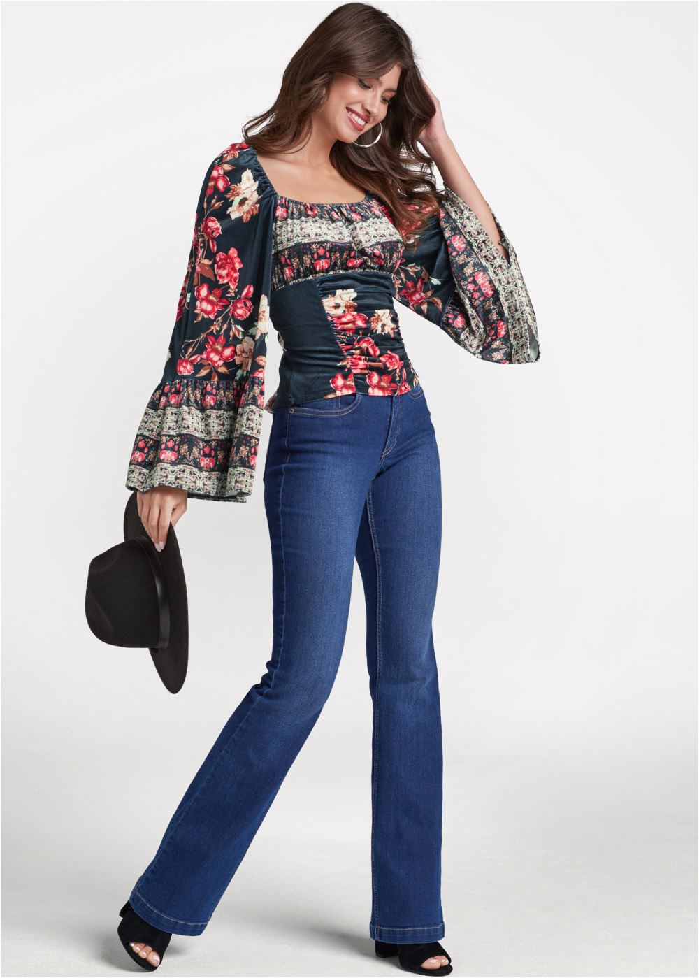 Venus Velvet Floral Print Top in Black Multi
