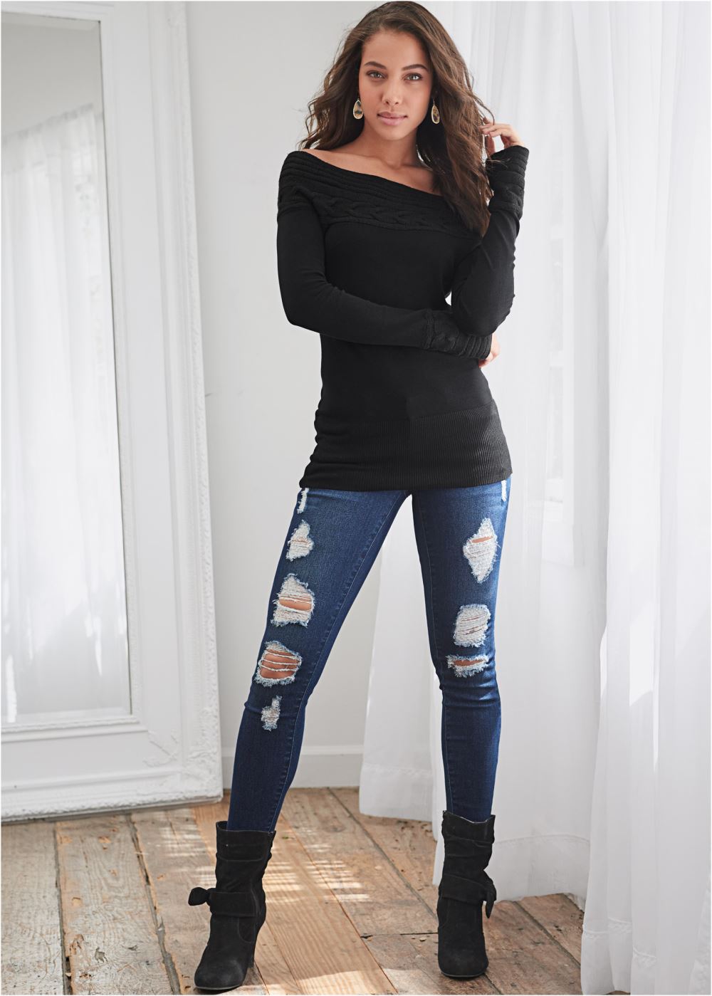 Venus VENUS | Cable Detail Tunic Sweater in Black