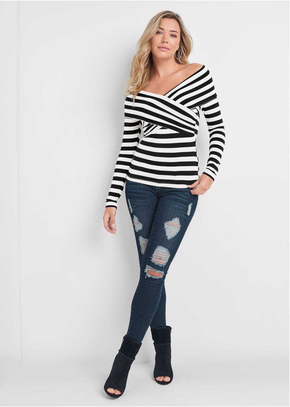 Venus Stripe Off-The-Shoulder Top in Black & White