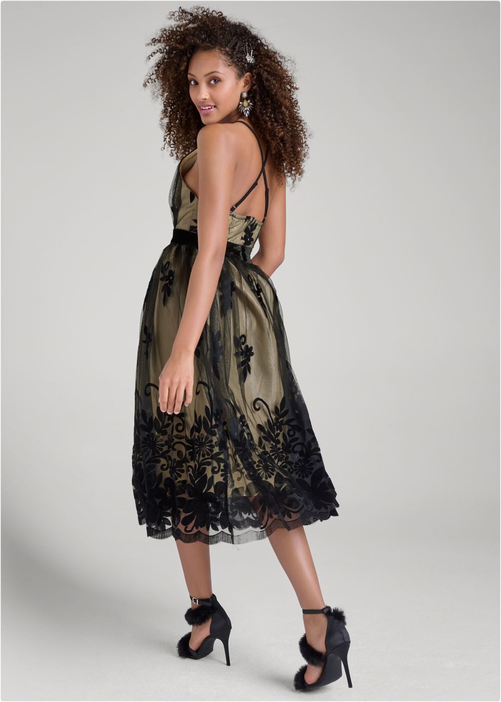 Venus Velvet Floral Midi Dress - Black & Nude