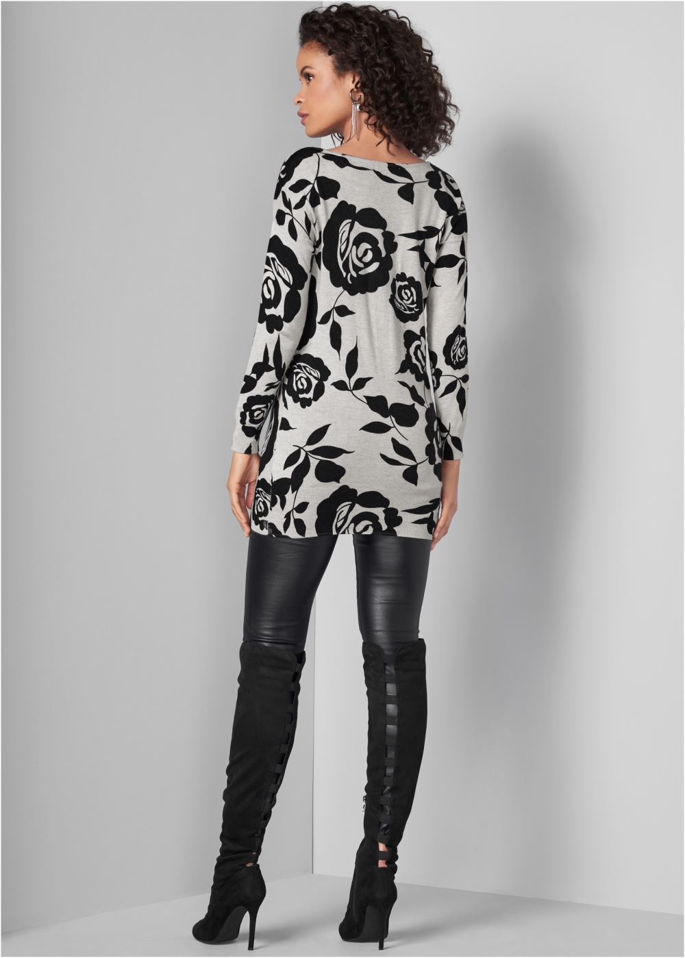 Venus VENUS | Floral Tunic Sweater in Grey & Black