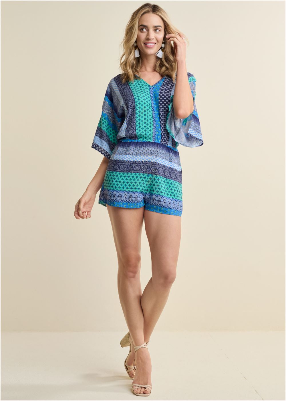 Venus Mixed Print Romper in Green Multi