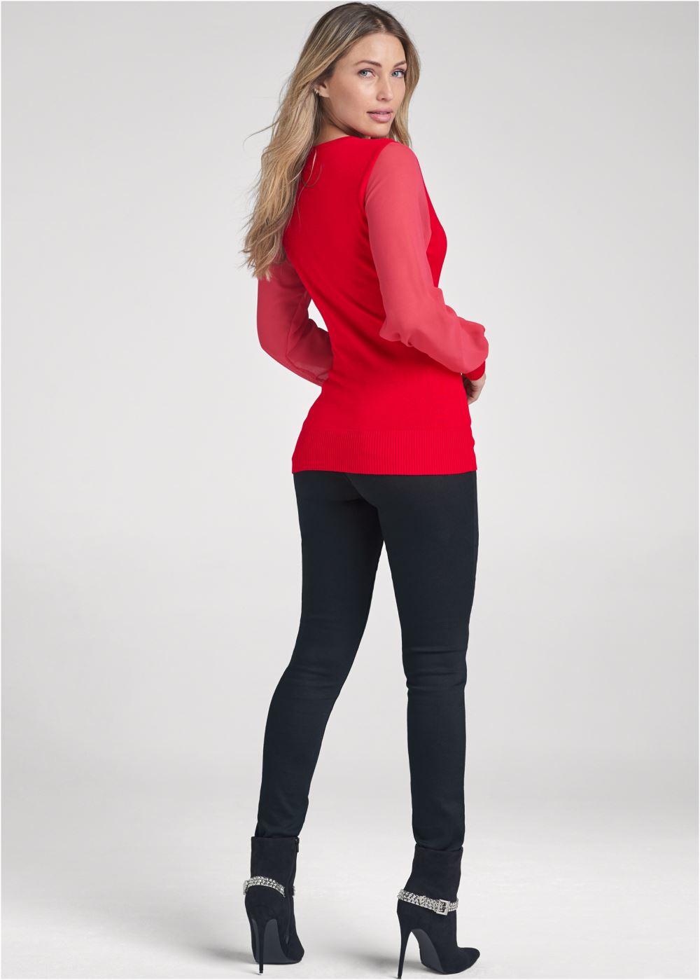Venus VENUS | Chiffon Sleeve Sweater in Red