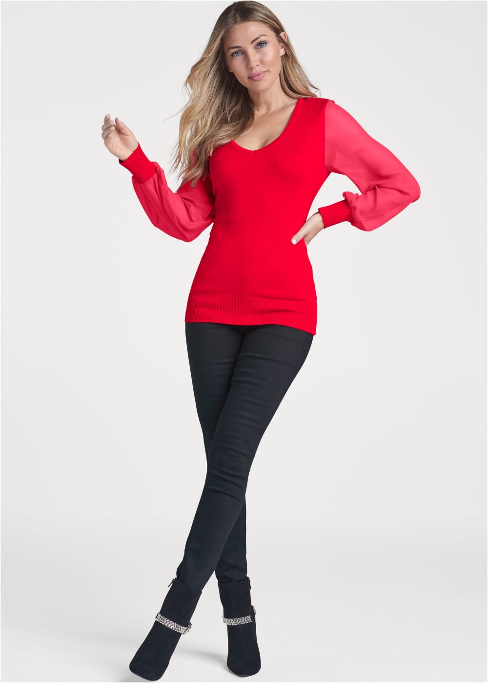 Venus VENUS | Chiffon Sleeve Sweater in Red