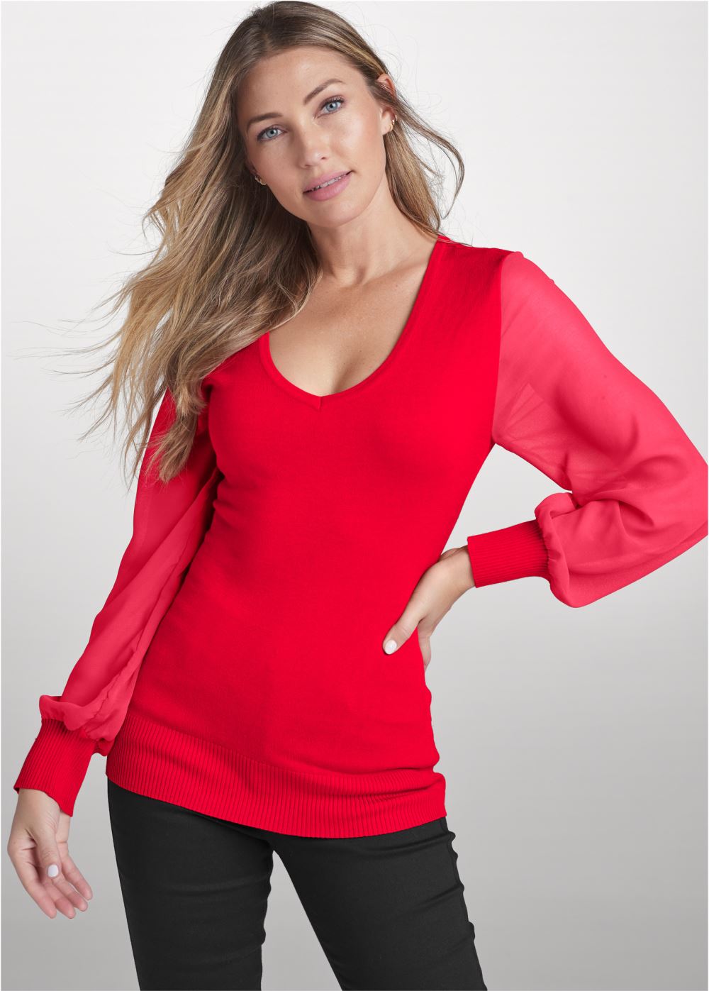 Venus VENUS | Chiffon Sleeve Sweater in Red