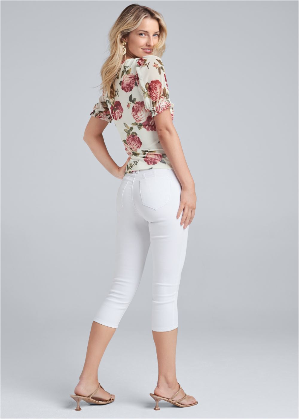 Venus Floral Ruched Mesh Top in White Multi