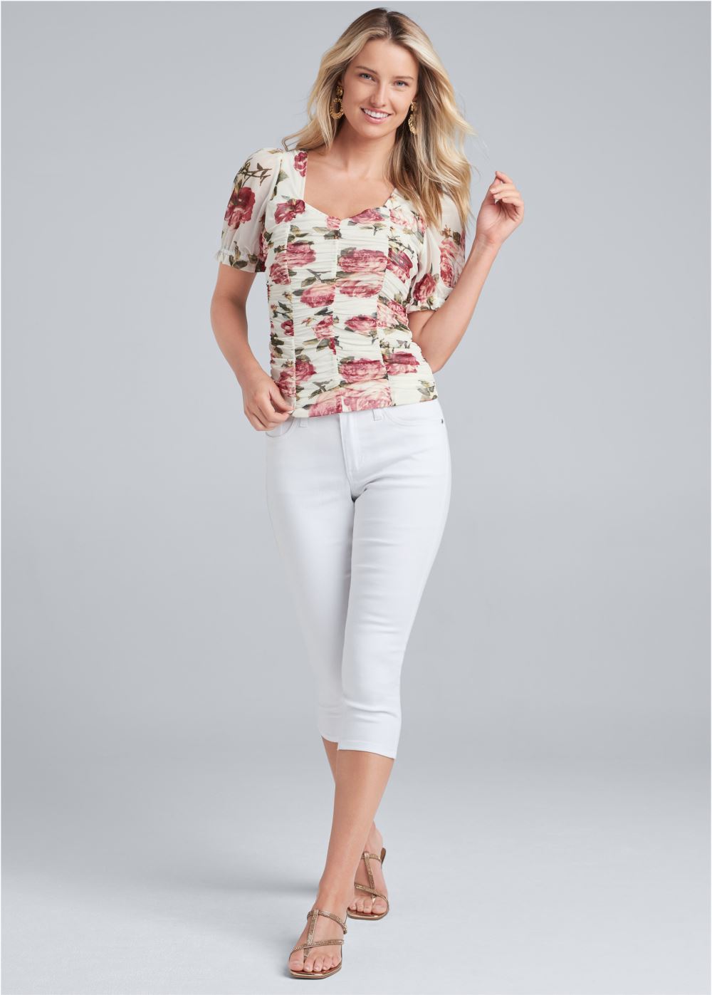 Venus Floral Ruched Mesh Top in White Multi