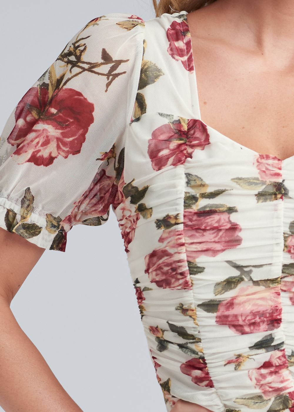 Venus Floral Ruched Mesh Top in White Multi