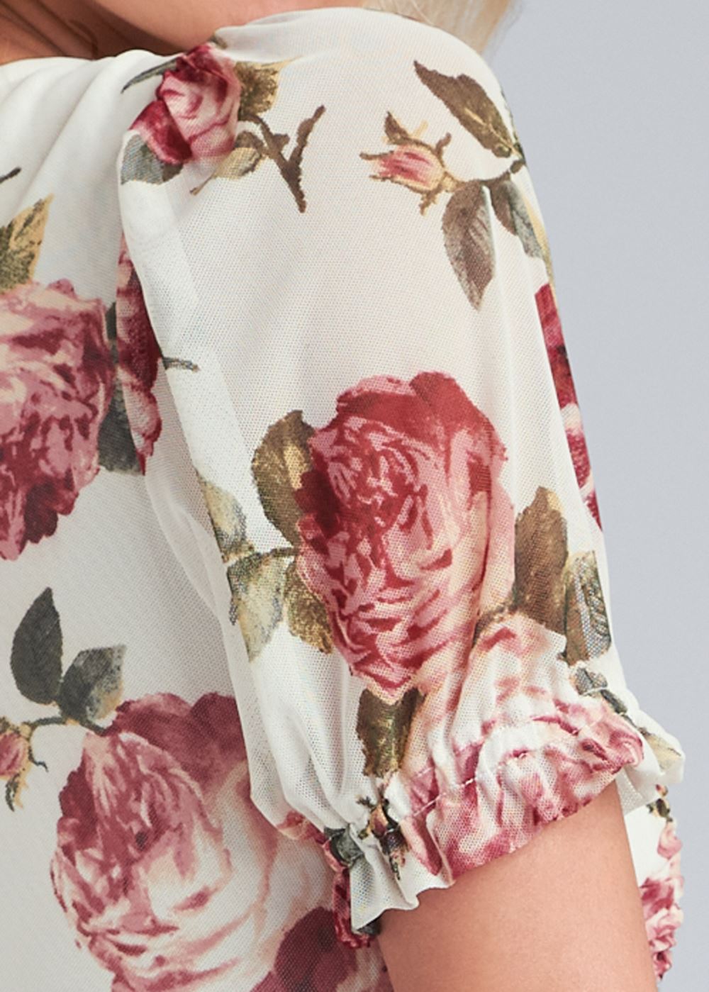 Venus Floral Ruched Mesh Top in White Multi