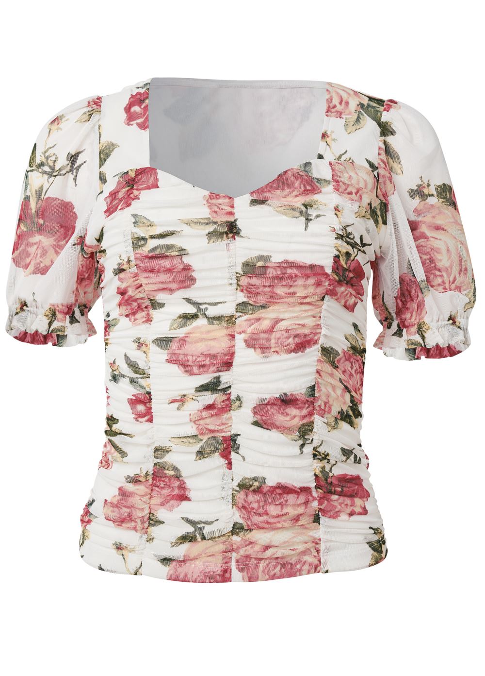 Venus Floral Ruched Mesh Top in White Multi