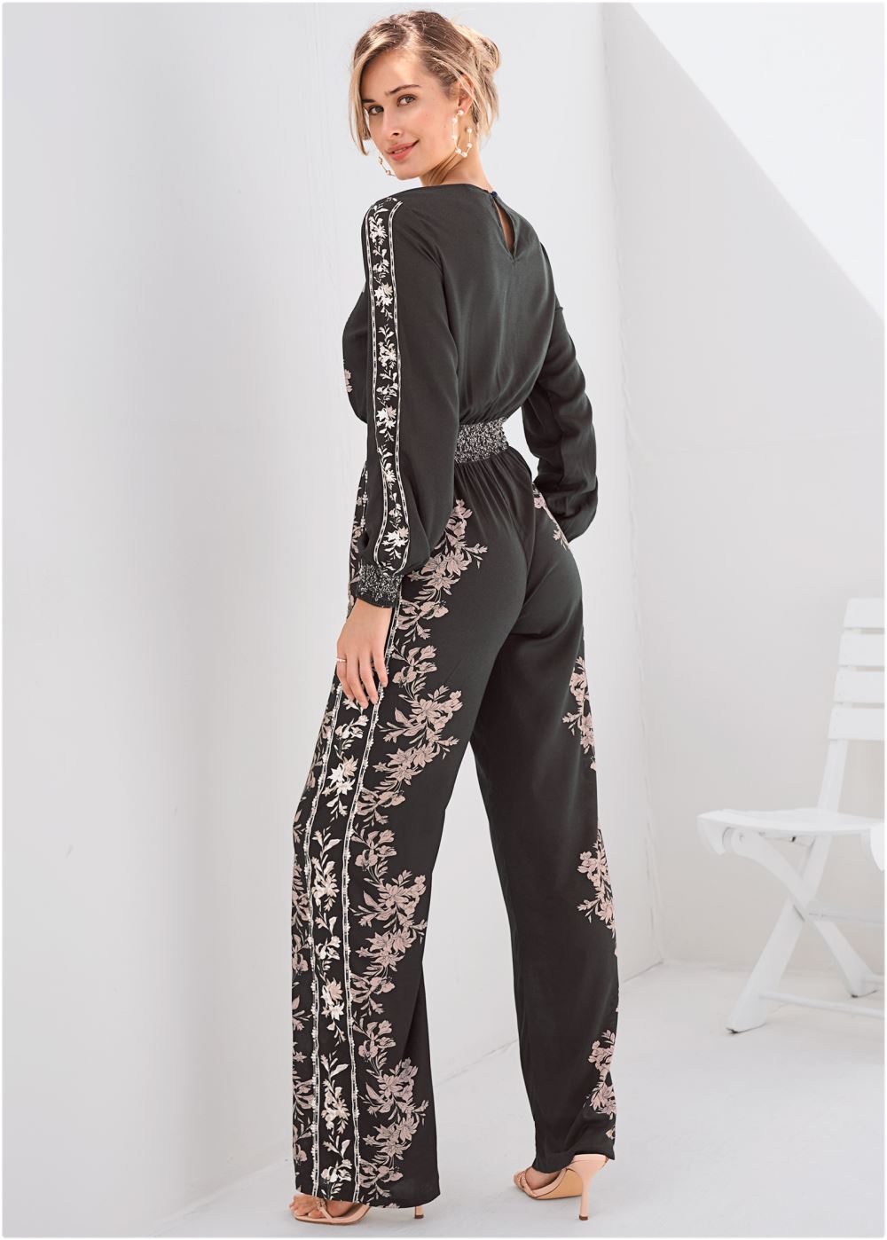 Venus Leaf Print Smocked Jumpsuit in Black Multi