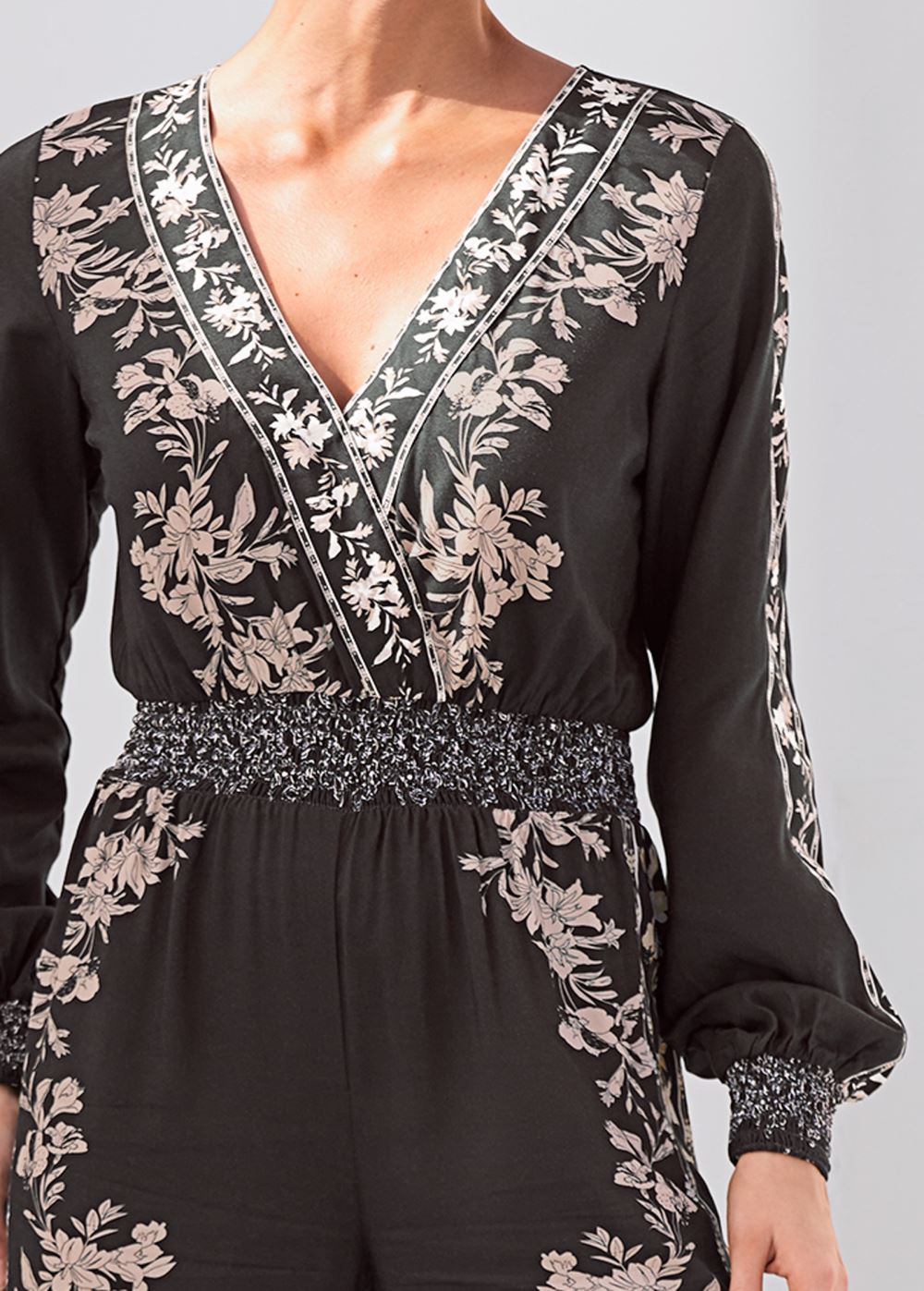 Venus Leaf Print Smocked Jumpsuit in Black Multi