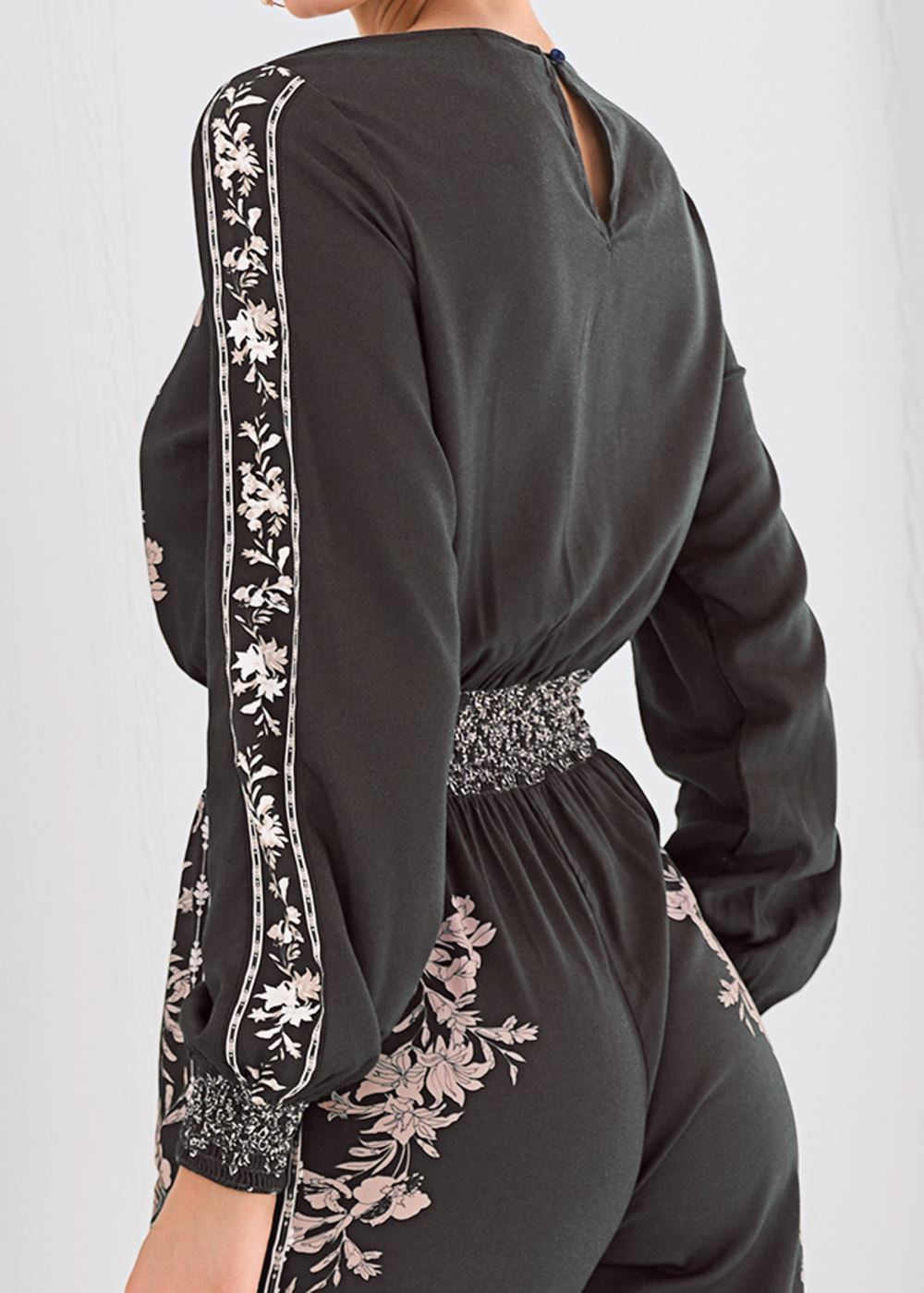 Venus Leaf Print Smocked Jumpsuit in Black Multi