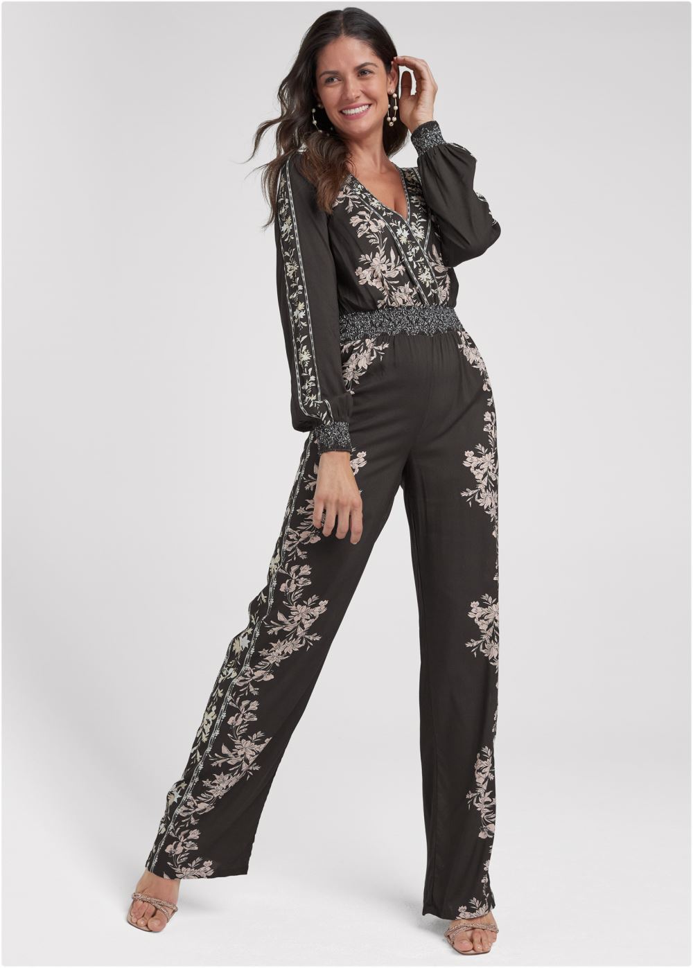 Venus Leaf Print Smocked Jumpsuit in Black Multi