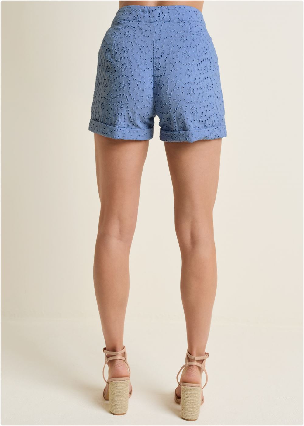Venus Eyelet Cuffed Button Shorts - Blue