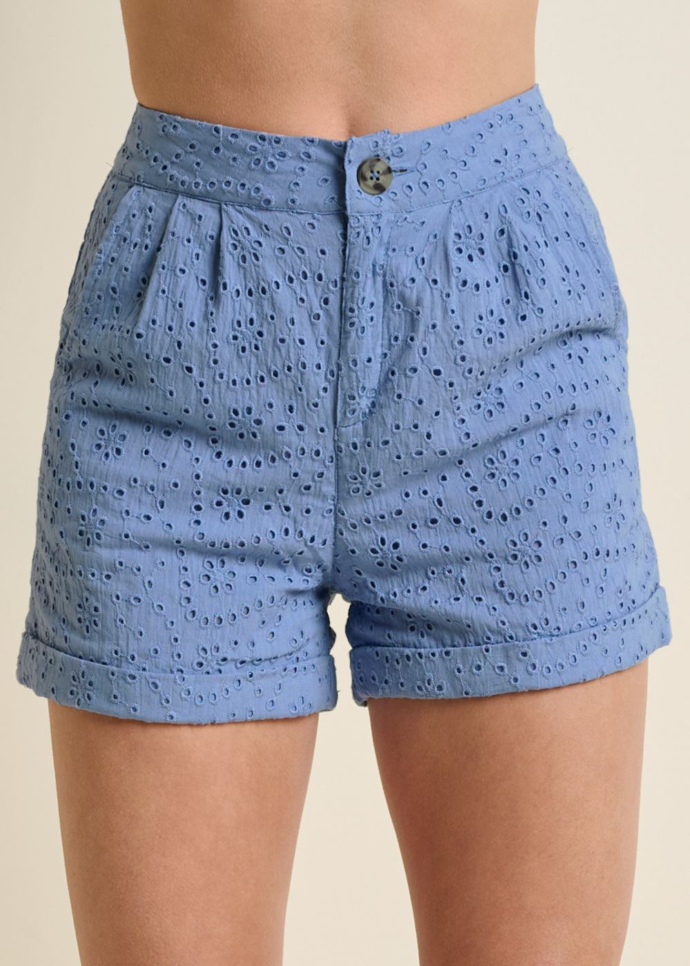 Venus Eyelet Cuffed Button Shorts - Blue