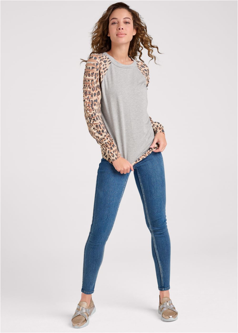 Venus Cheetah Print Slash Sweatshirt in Grey Multi
