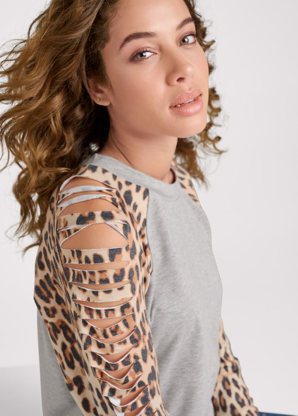 Venus Cheetah Print Slash Sweatshirt in Grey Multi