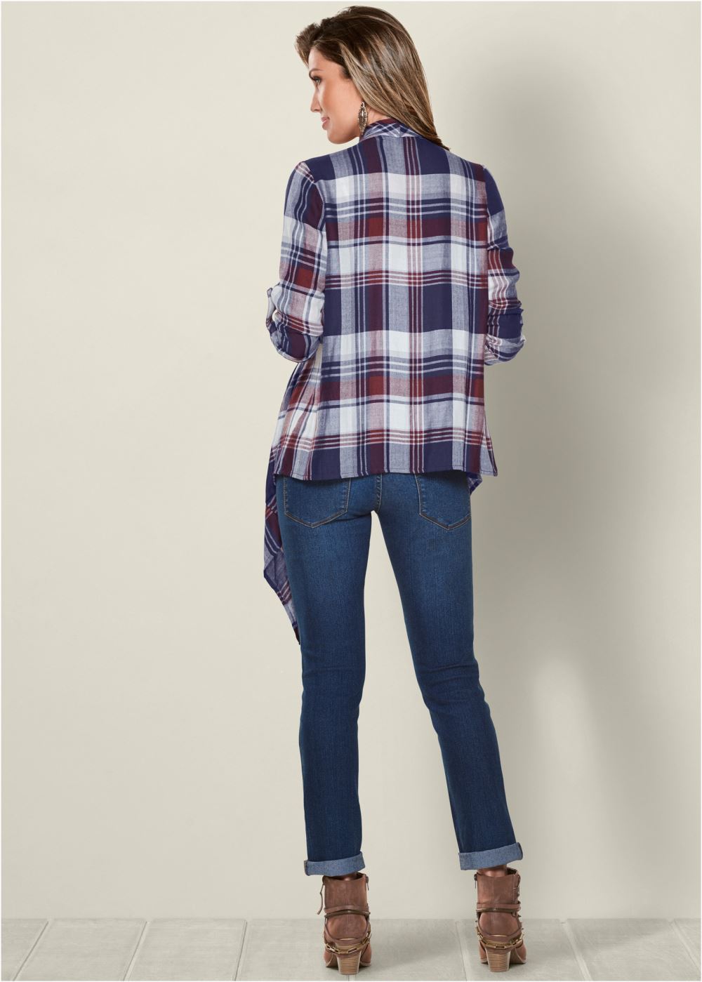 Venus Plaid And Fringe Cardigan in Navy Multi