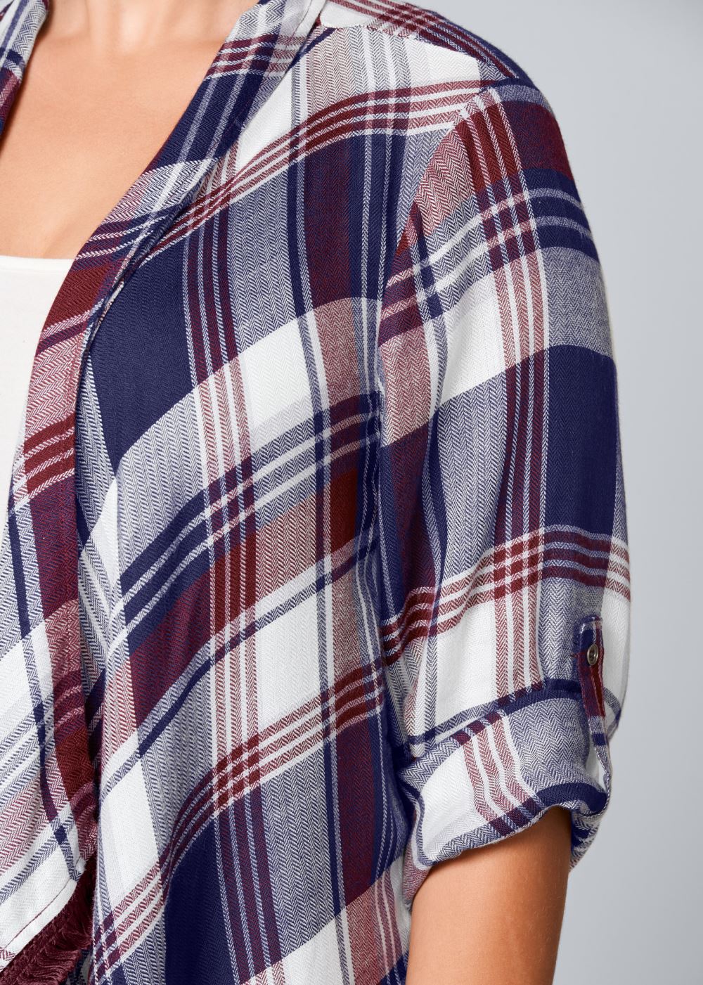 Venus Plaid And Fringe Cardigan in Navy Multi