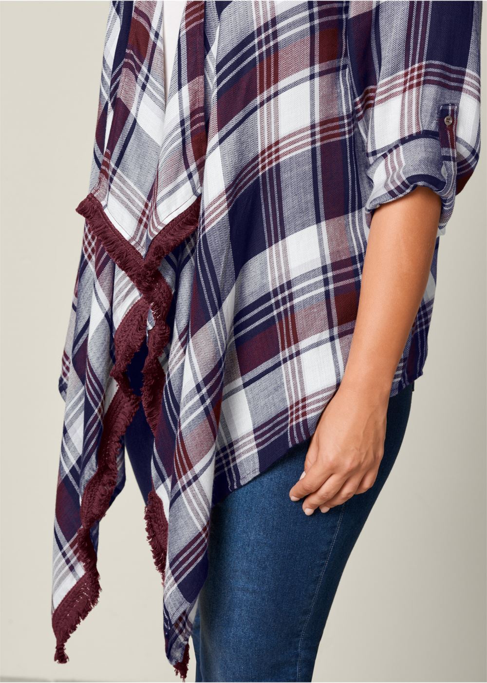 Venus Plaid And Fringe Cardigan in Navy Multi