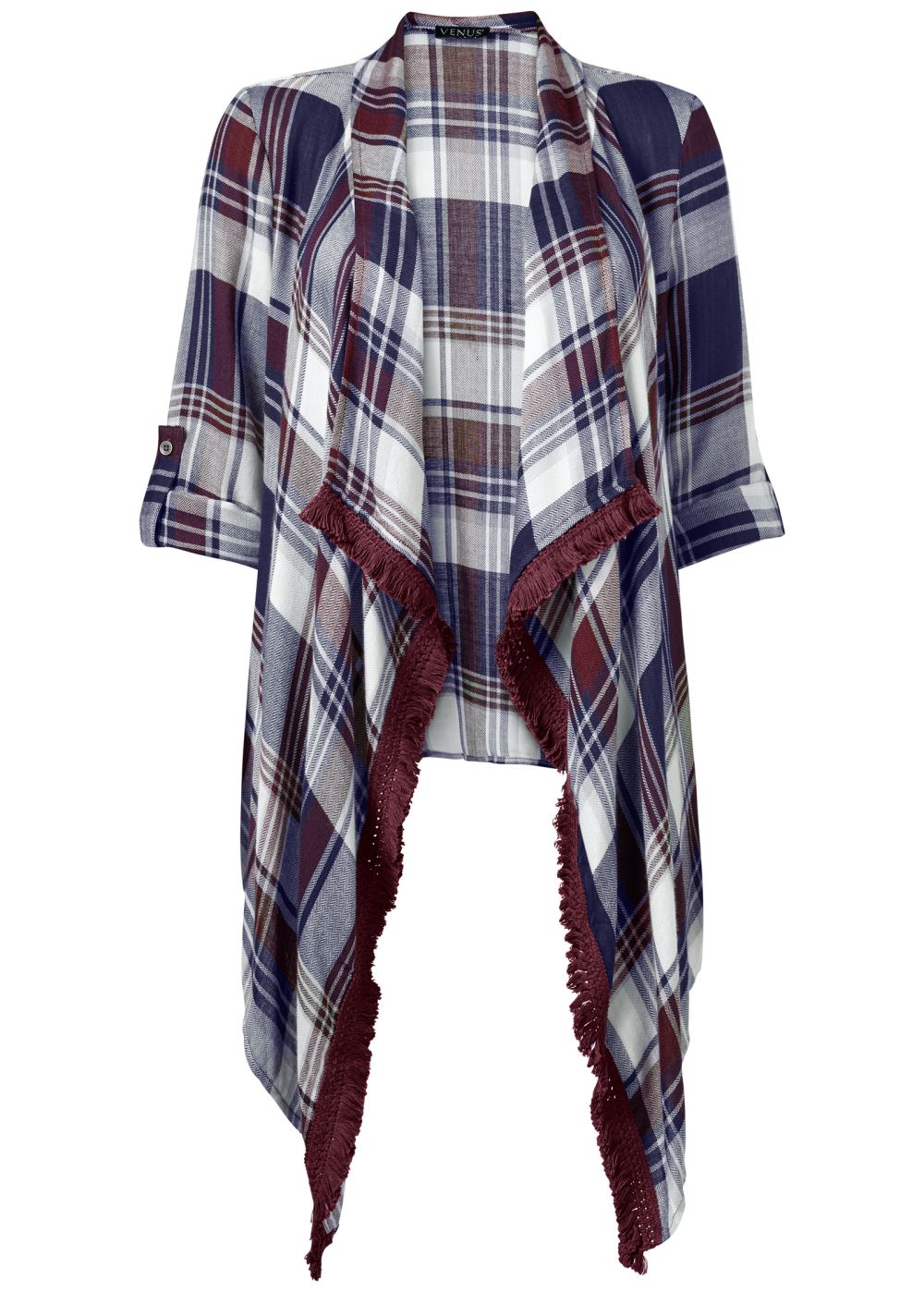 Venus Plaid And Fringe Cardigan in Navy Multi
