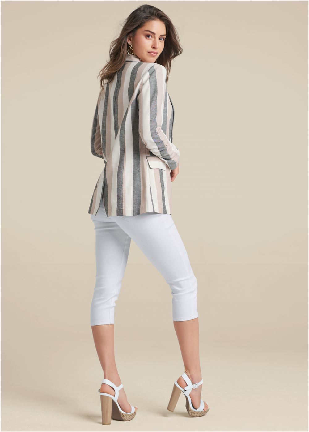 Venus Striped Linen Blazer in White Multi