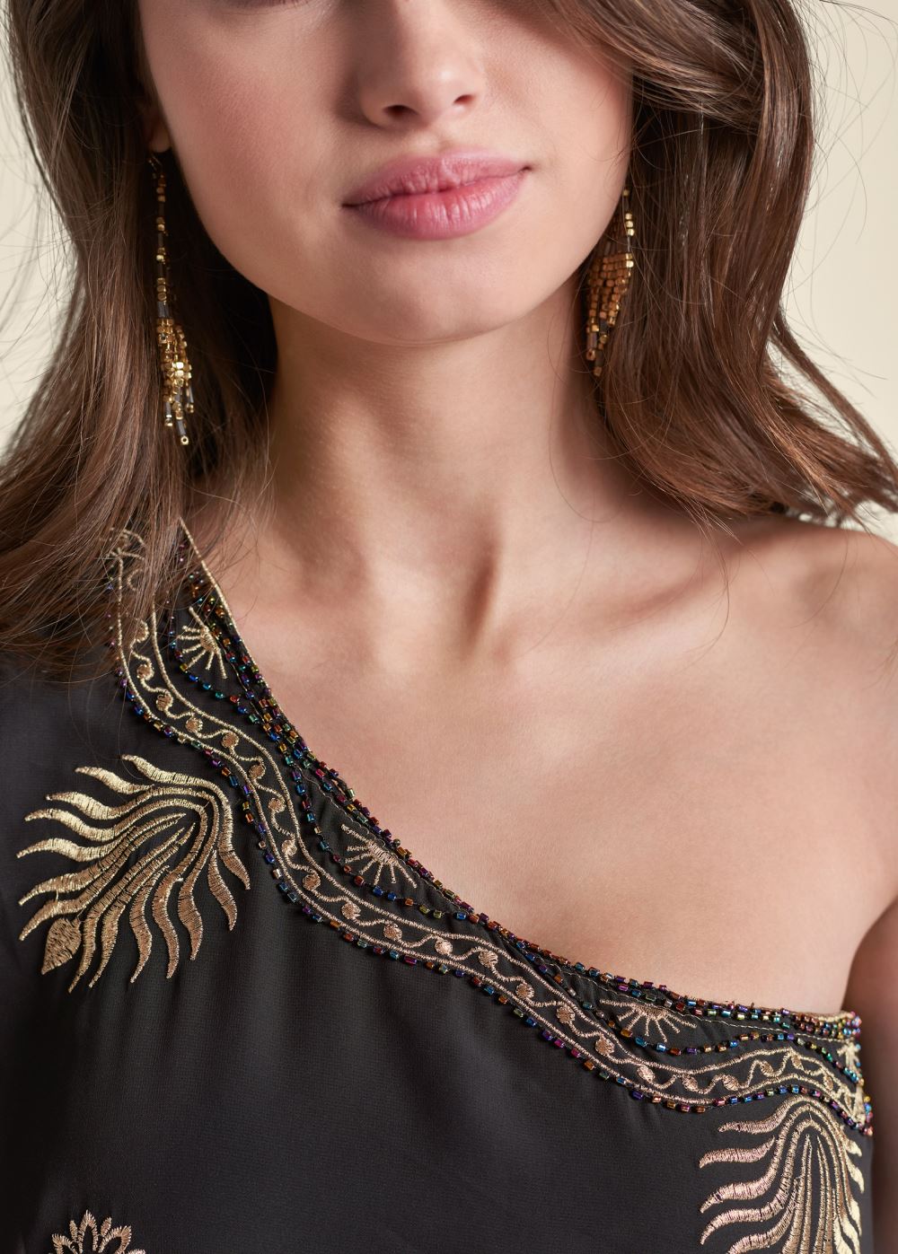 Venus One-Shoulder Beaded Dress - Black & Gold