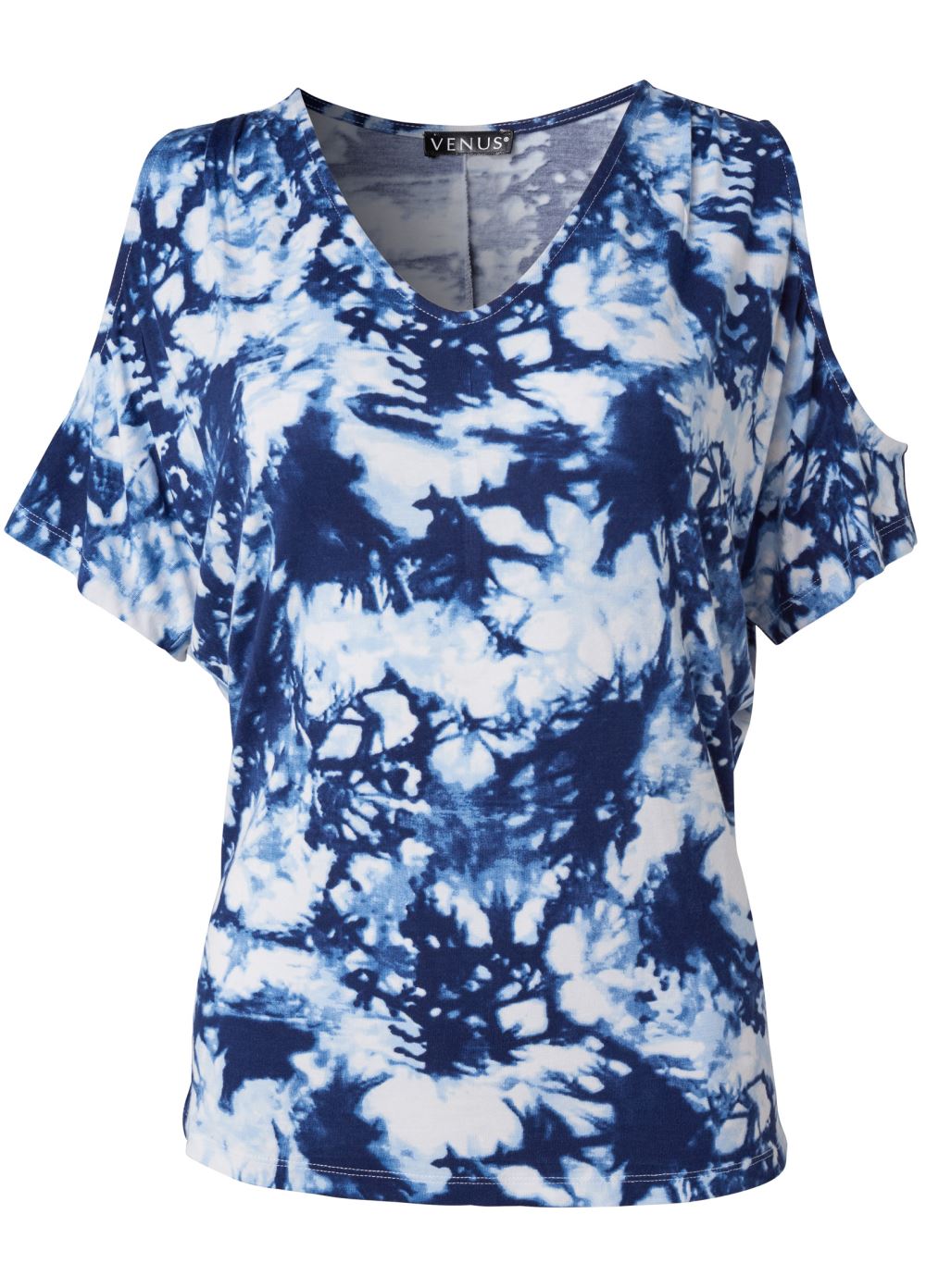 Venus Cold-Shoulder V-Neck Top in Navy Multi