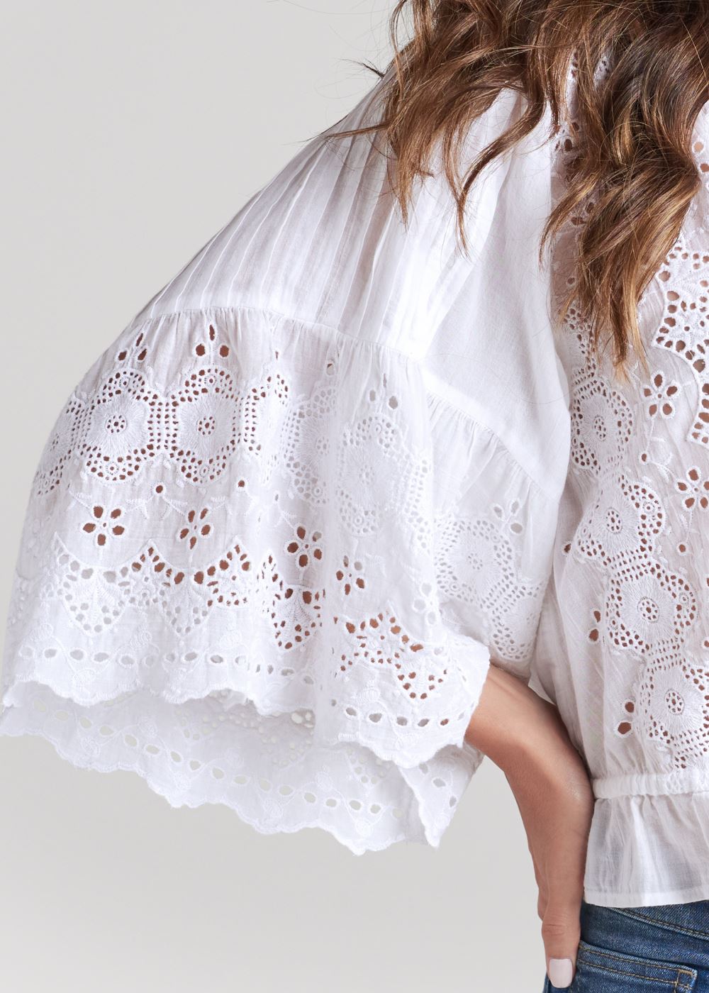 Venus Eyelet Bell Sleeve Top in White