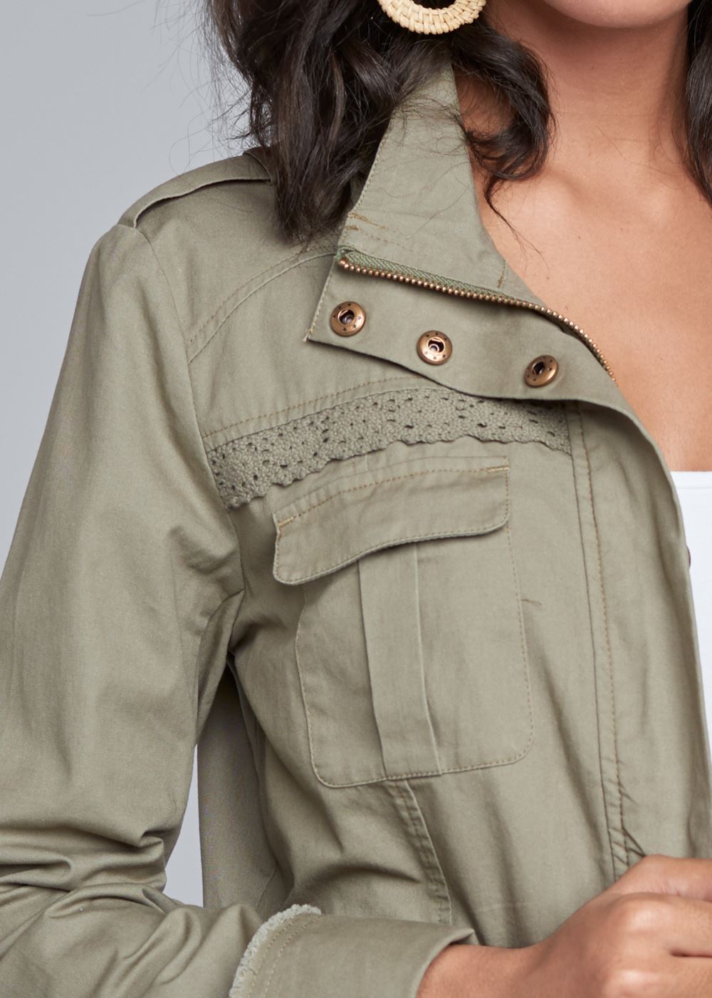 Venus Lace Trim Utility Jacket in Olive