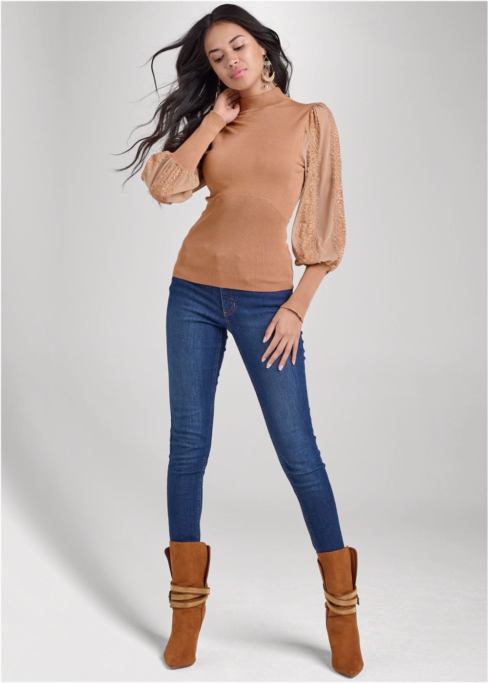 Venus VENUS | Lace Balloon Sleeve Sweater in Tan