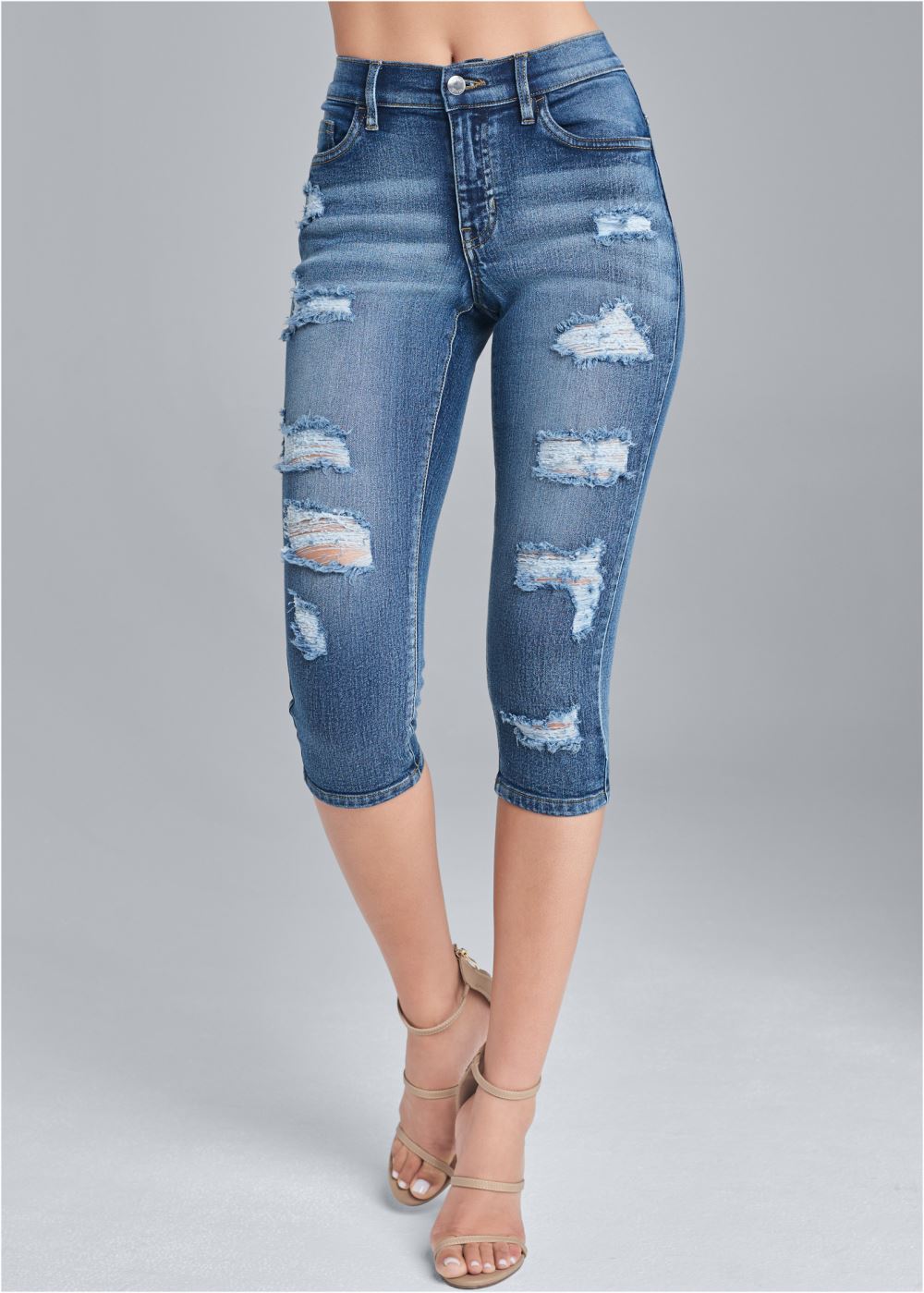 Venus Ripped Capri Jeans in Medium Wash