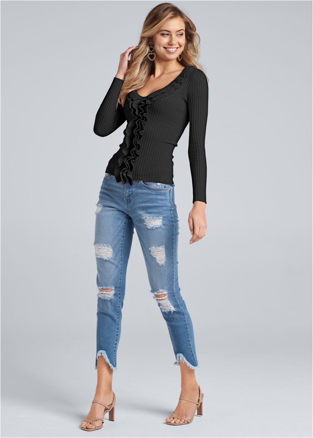 Venus VENUS | Ruffle Front Ribbed Sweater in Black