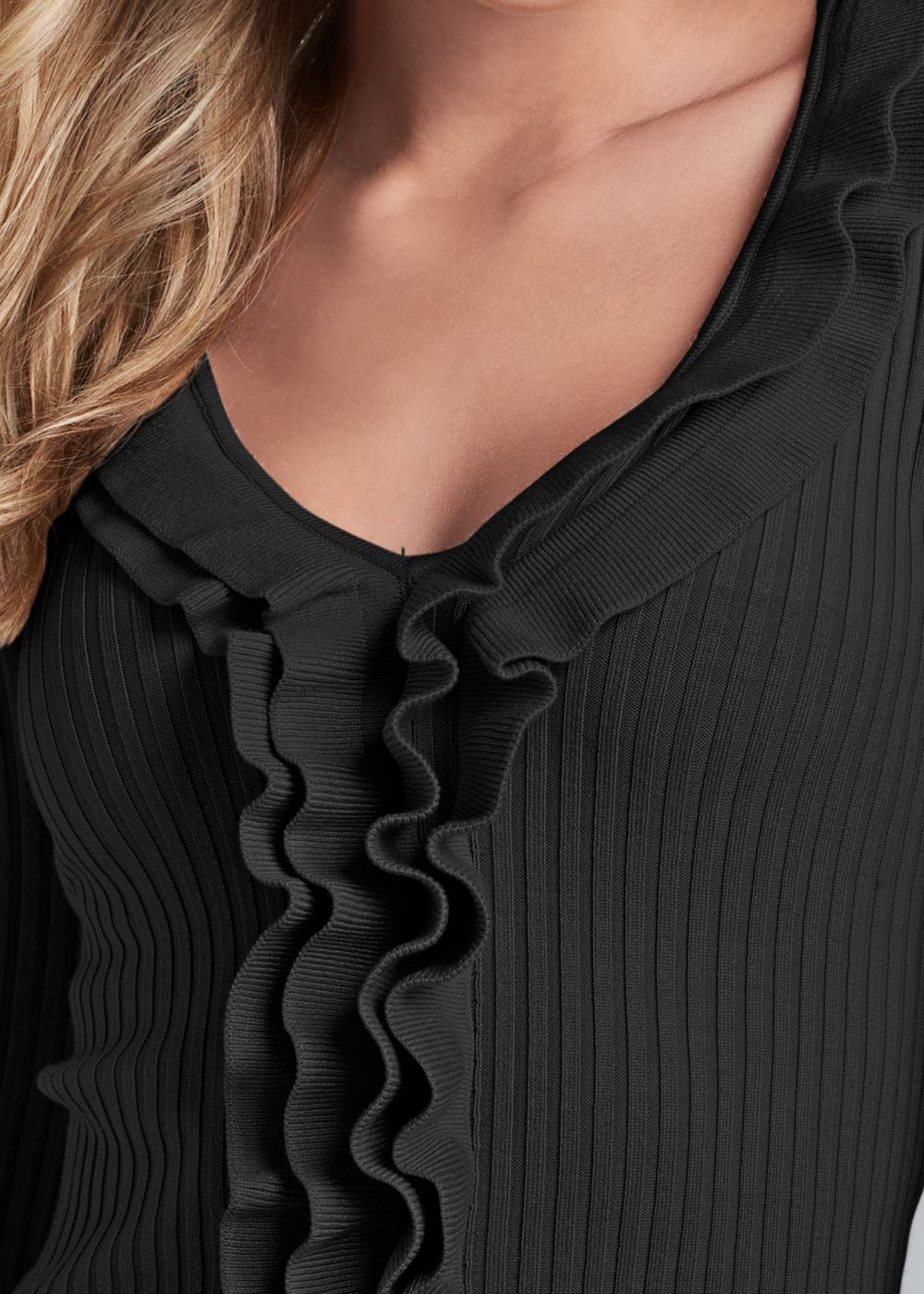 Venus VENUS | Ruffle Front Ribbed Sweater in Black