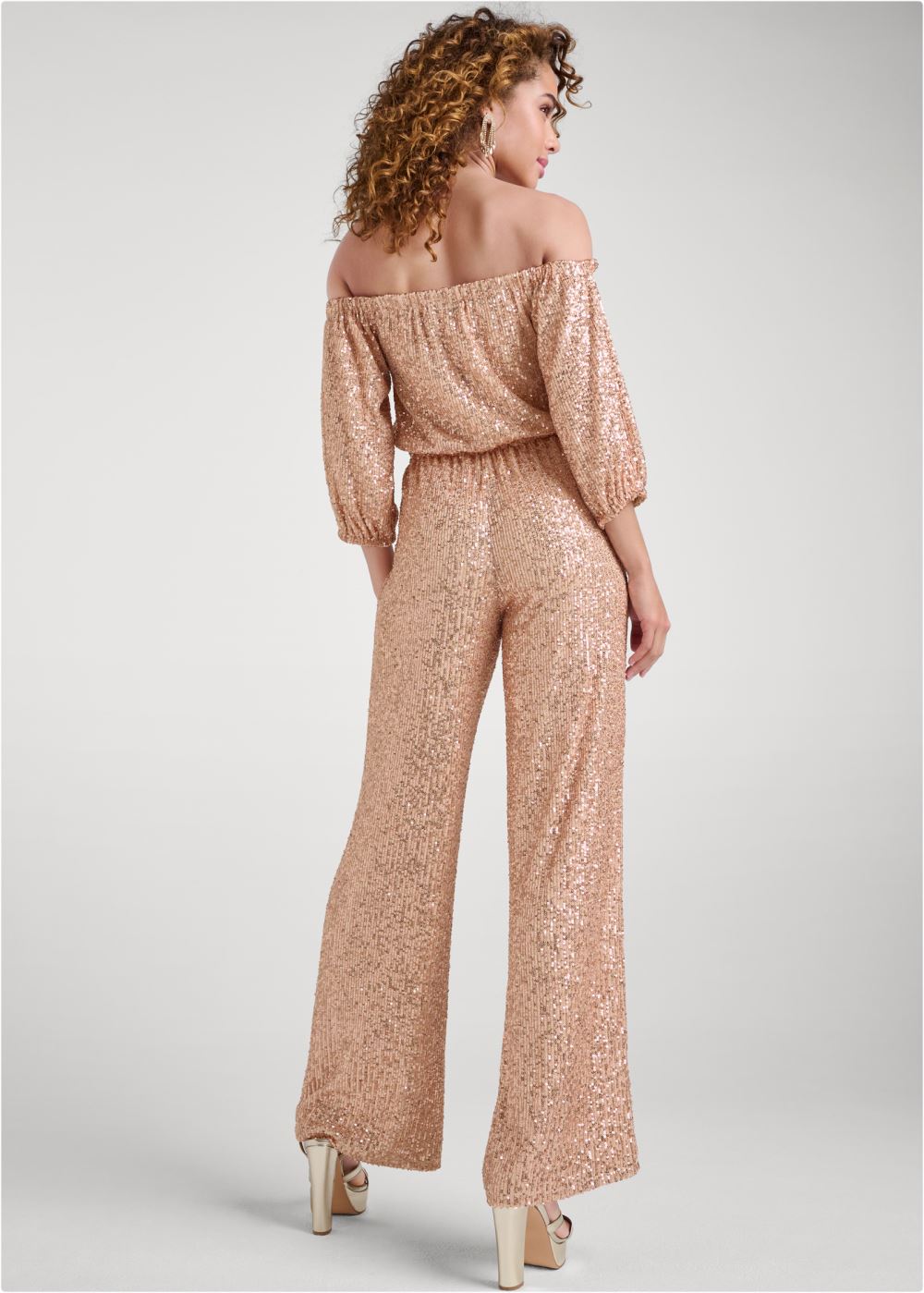 Venus Off-Shoulder Sequin Jumpsuit in Rose Gold