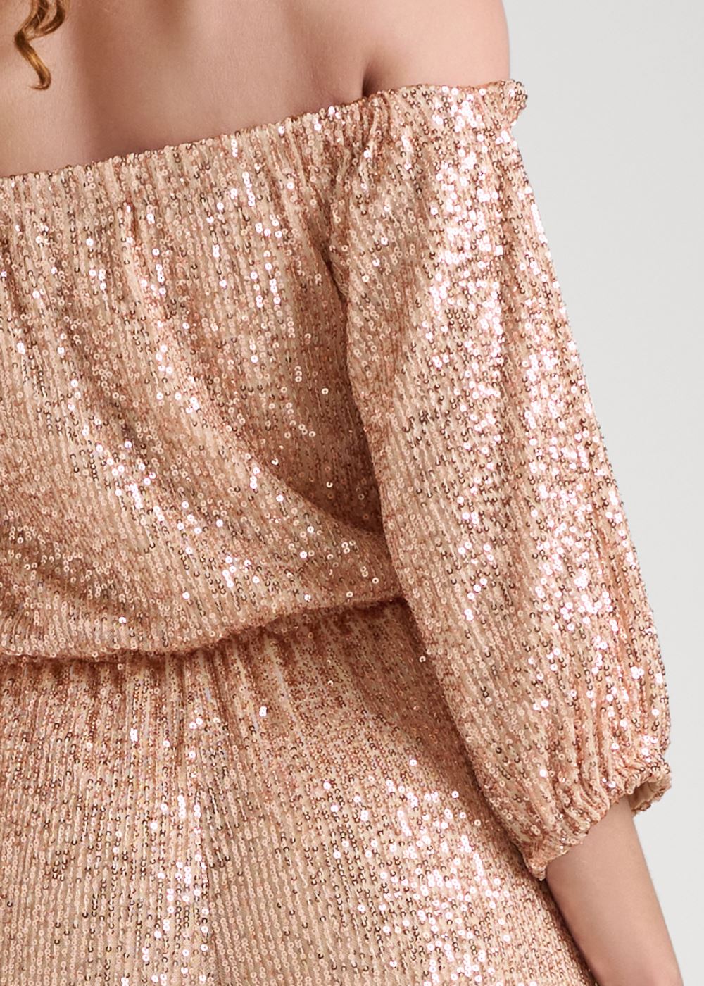 Venus Off-Shoulder Sequin Jumpsuit in Rose Gold