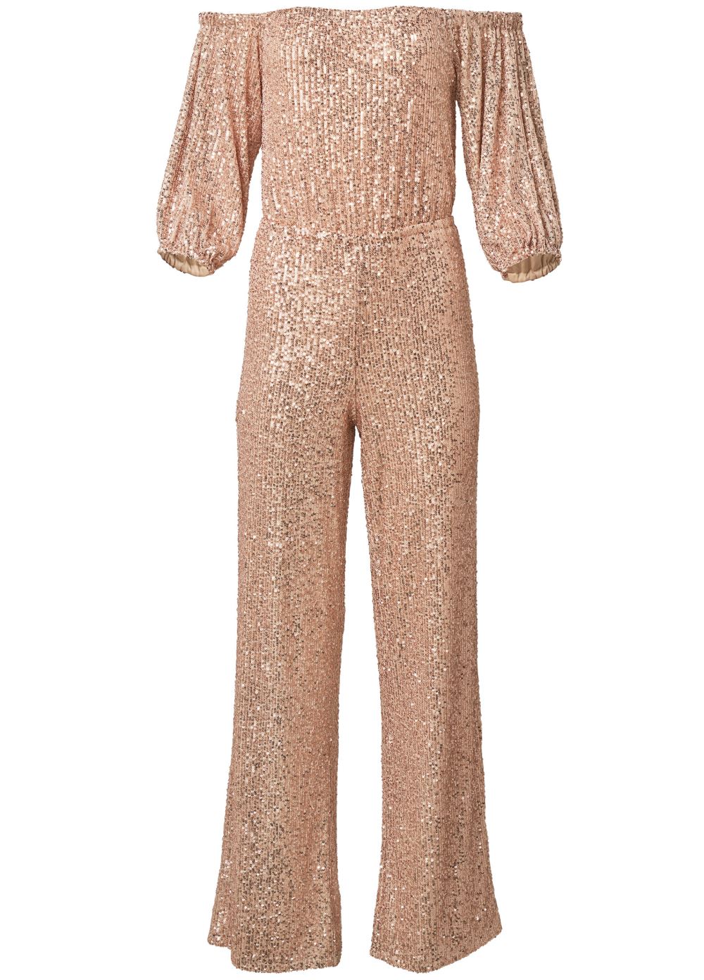 Venus Off-Shoulder Sequin Jumpsuit in Rose Gold