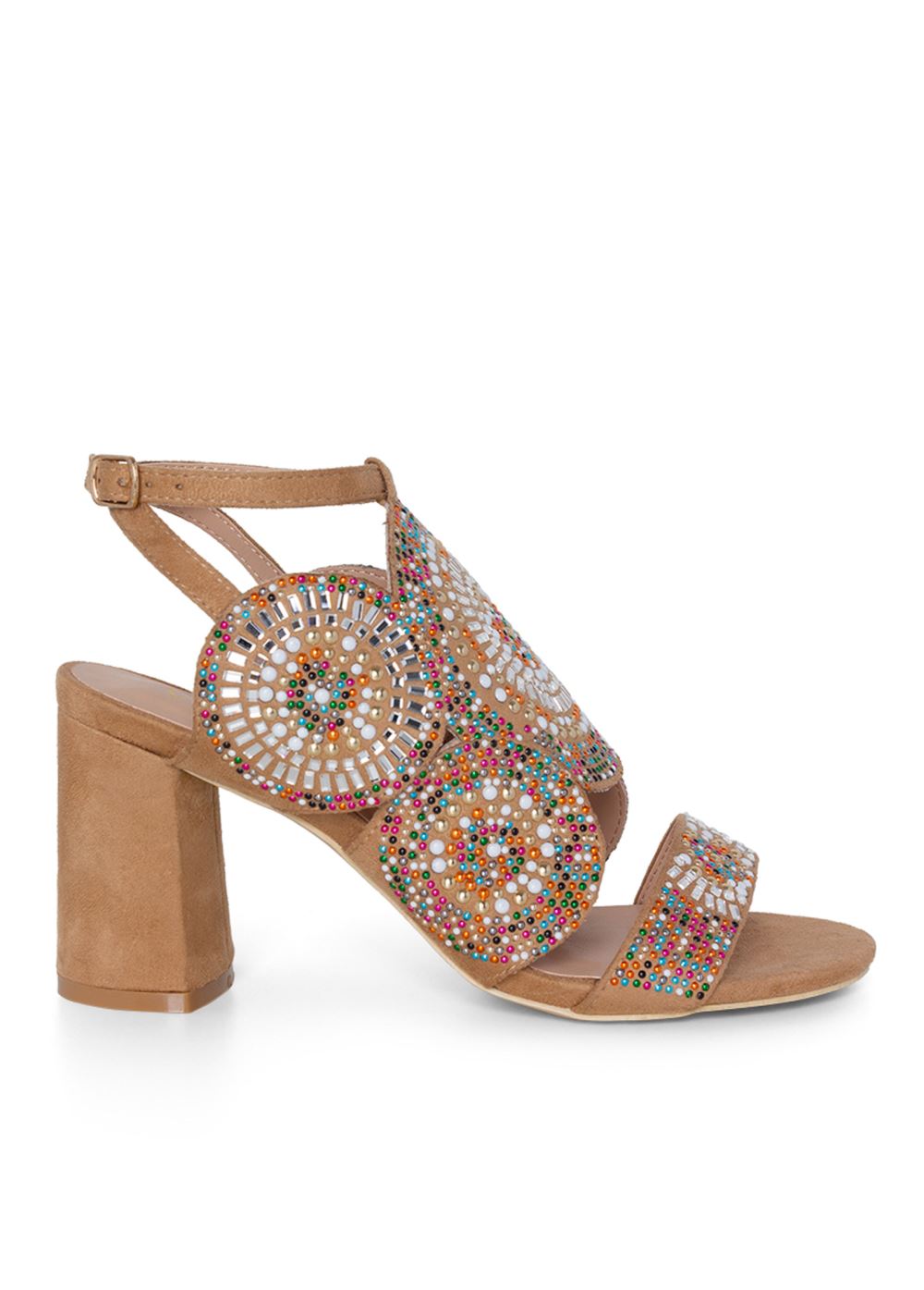 Venus Beaded Block Heels in Tan Multi